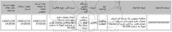 مناقصه عمومی یک مرحله ای اجرای عملیات طرح نیرورسانی ارسلان جهانشاهی ساحلی غربی در محدوده امور3 به شماره 228-00