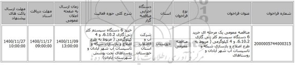 مناقصه عمومی یک مرحله ای خرید 6 دستگاه سیستم کلر زنی گازی 6،10،2، و 4 کیلوگرمی ( مربوط به طرح اصلاح و بازسازی شبکه و تاسیسات آب شهر آبادان و روستاهای 