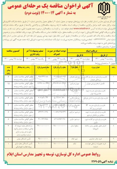 مناقصه تخریب و بازسازی دبستان دو کلاسه زیرخاکی ....-نوبت دوم