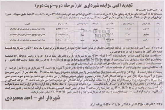 مزایده، تجدید مزایده واگذاری املاک با کاربری مسکونی - مرحله دوم نوبت دوم