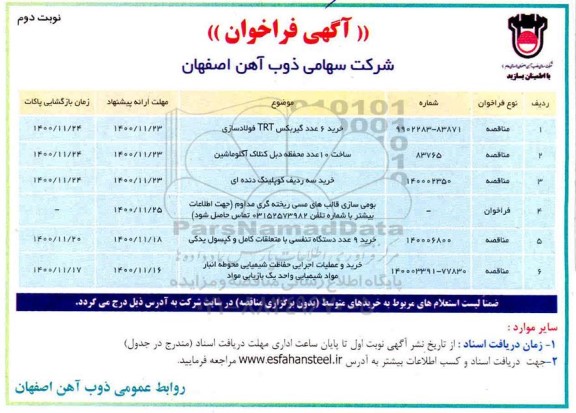 فراخوان خرید 6 عدد گیربکس TRT فولادسازی ...	 نوبت دوم 