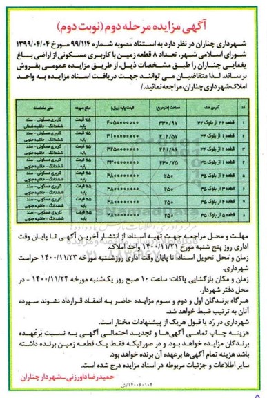 مزایده فروش تعداد 8 قطعه زمین با کاربری مسکونی - مرحله دوم - نوبت دوم
