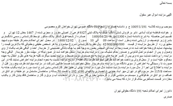 مزایده فروش شش دانگ ملک به پلاک ثبتی 9327 فرعی از اصلی مفروز و مجزی شده از 1467