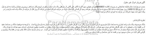 مزایده فروش یک باب واحد تجاری به مساحت 13 مترمربع