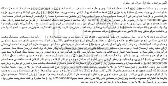 مزایده فروش آپارتمان مسکونی ششدانگ یکباب آپارتمان مسکونی (دو بر نبش)