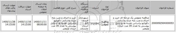 مناقصه عمومی یک مرحله ای خرید و اجرای و نصب پایه چراغ روشنایی دکوراتیو براساس نقشه ها و دتایل پیوستی به تعداد 35 عدد  خیابان ولیعصر