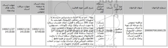 مناقصه عمومی یک مرحله ای تهیه و اجرای سیستم حفاظت الکترونیک هوشمند(دزدگیر) با قابلیت ارسال پیامک و آژیر و ...
