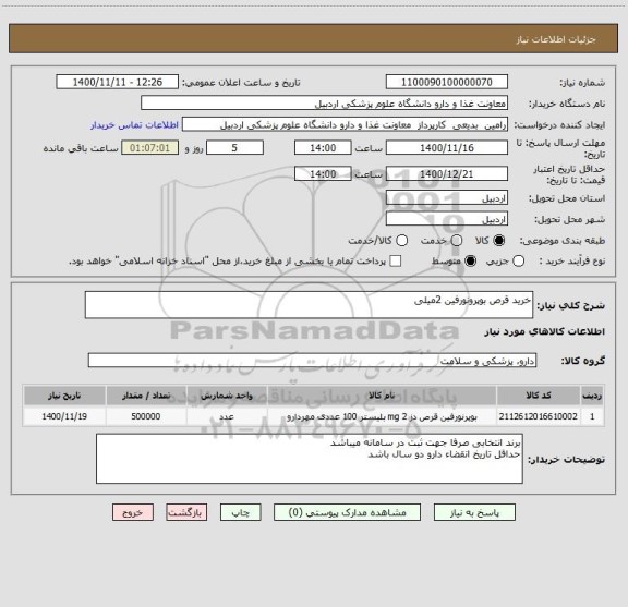 استعلام خرید قرص بوپرونورفین 2میلی