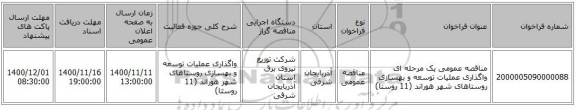 مناقصه عمومی یک مرحله ای واگذاری عملیات توسعه و بهسازی روستاهای شهر هوراند (11 روستا)
