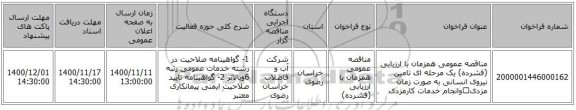 مناقصه عمومی همزمان با ارزیابی (فشرده) یک مرحله ای تامین نیروی انسانی به صورت زمان مزدیوانجام خدمات کارمزدی