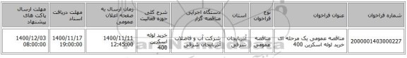 مناقصه عمومی یک مرحله ای خرید لوله اسکرین 400