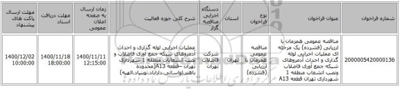 مناقصه عمومی همزمان با ارزیابی (فشرده) یک مرحله ای عملیات اجرایی لوله گذاری و احداث آدمروهای شبکه جمع آوری فاضلاب ونصب انشعاب منطقه 1 شهرداری تهران قطعه A13