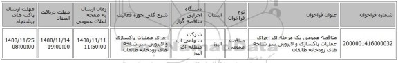 مناقصه عمومی یک مرحله ای اجرای عملیات پاکسازی و لایروبی سر شاخه های رودخانه طالقان
