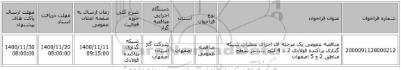 مناقصه عمومی یک مرحله ای اجرای عملیات شبکه گذاری پراکنده فولادی 2 تا 4 اینچ ......در سطح مناطق 2 و 5 اصفهان 
