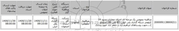 مناقصه عمومی یک مرحله ای اجرای عملیات حدود 14 کیلومتر شبکه گذاری پلی اتیلن (63 الی 200 میلیمتر )....جهت روستاهای ابراهیم اباد و جعفر آباد خورو بیابانک