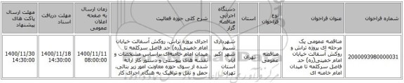 مناقصه عمومی یک مرحله ای پروژه تراش و روکش آسفالت خیابان امام خمینی(ره) حد فاصل سرکلمه تا میدان امام خامنه ای