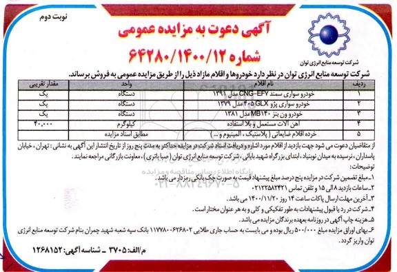 مزایده فروش خودروها و اقلام مازاد نوبت دوم