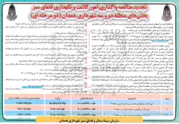 تجدید مناقصه واگذاری امور کاشت و نگهداری فضای سبز بخش های مناطق 