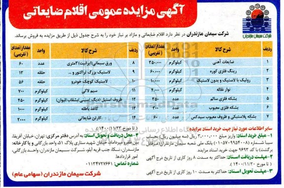 مزایده اقلام ضایعاتی 