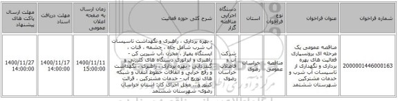 مناقصه عمومی یک مرحله ای برونسپاری فعالیت های بهره برداری و نگهداری از تاسیسات آب شرب و خدمات مشترکین شهرستان ششتمد