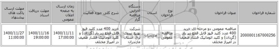 مناقصه عمومی دو مرحله ای خرید 400 عدد کلید فیوز قابل قطع زیر بار (گردان) و کلید اتوماتیک فشار ضعیف در آمپراژ مختلف