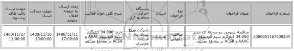 مناقصه عمومی دو مرحله ای خرید 34.000 کیلوگرم سیم آلومینیوم AAAC  و  ACSR در مقاطع مختلف