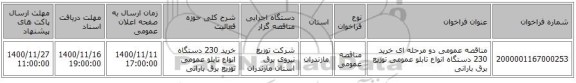 مناقصه، مناقصه عمومی دو مرحله ای خرید 230 دستگاه انواع تابلو عمومی توزیع برق بارانی ، سامانه تدارکات الکترونیکی دولت
