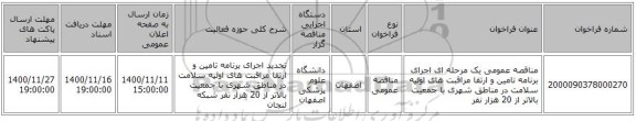 مناقصه عمومی یک مرحله ای اجرای برنامه تامین و ارتقا مراقبت های اولیه سلامت در مناطق شهری با جمعیت بالاتر از 20 هزار نفر 