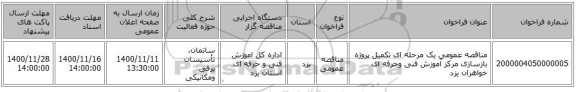 مناقصه عمومی یک مرحله ای تکمیل پروژه بازسازی مرکز آموزش فنی وحرفه ای خواهران یزد