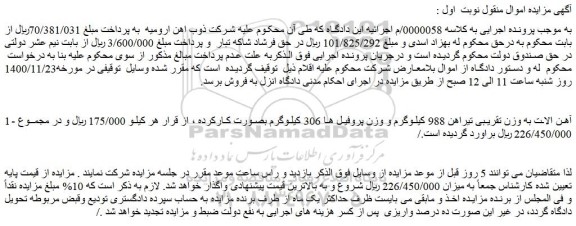 مزایده فروش آهن الات به وزن تقریبی تیراهن 988 کیلوگرم
