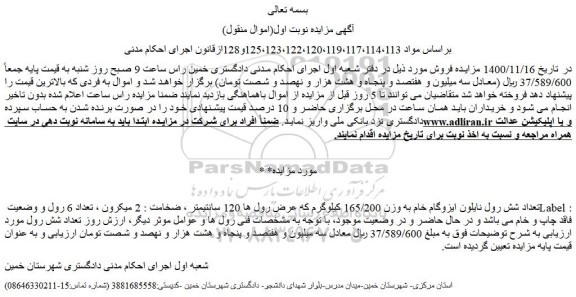 مزایده فروش تعداد شش رول نایلون ایزوگام خام به وزن 165/200 کیلوگرم  