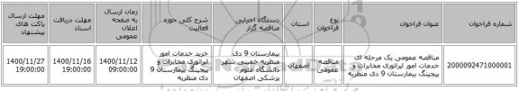 مناقصه عمومی یک مرحله ای خدمات امور اپراتوری مخابرات و پیجینگ بیمارستان 9 دی منظریه
