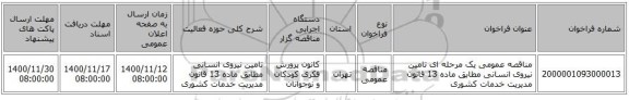 مناقصه عمومی یک مرحله ای تامین نیروی انسانی مطابق ماده 13 قانون مدیریت خدمات کشوری 