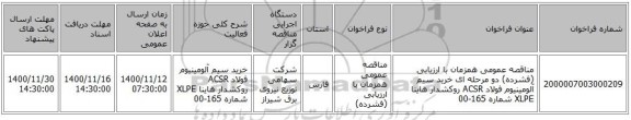مناقصه عمومی همزمان با ارزیابی (فشرده) دو مرحله ای خرید سیم آلومینیوم فولاد ACSR روکشدار هاینا XLPE شماره 165-00