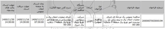 مناقصه عمومی یک مرحله ای اجرای عملیات انتقال برق و نیرورسانی در محدوده امور توزیع برق منطقه 7 شماره 185-00