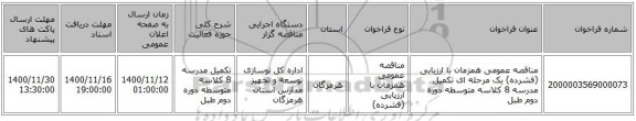 مناقصه عمومی همزمان با ارزیابی (فشرده) یک مرحله ای تکمیل مدرسه 8 کلاسه متوسطه دوره دوم طبل