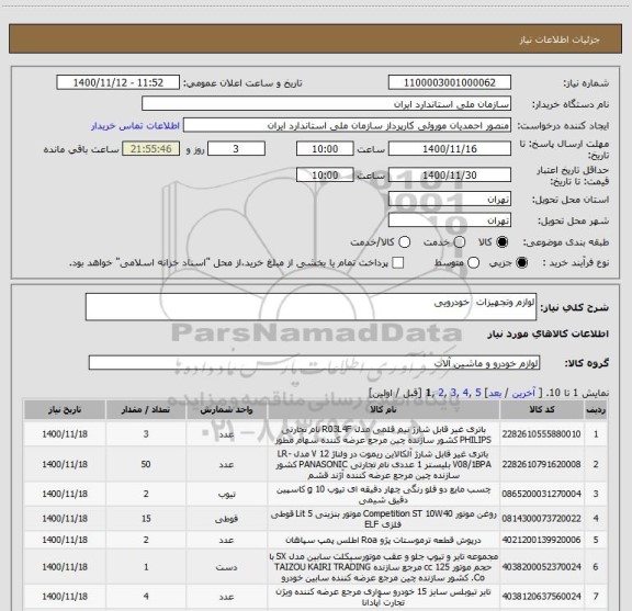 استعلام لوازم وتجهیزات  خودرویی