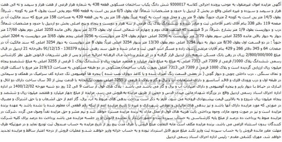آگهی مزایده شش دانگ یکباب ساختمان مسکونی قطعه 438 به شماره هزار فرعی از هفت هزار و سیصد و نه الی هفت هزار و سیصد و سیزده و غیره اصلی