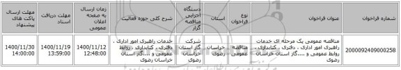 مناقصه عمومی یک مرحله ای خدمات راهبری امور اداری ، دفتری ، کتابداری ، روابط عمومی و ....گاز استان خراسان رضوی 