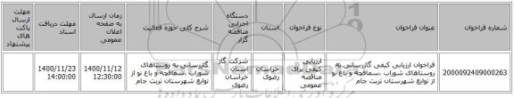 فراخوان ارزیابی کیفی گازرسانی به روستاهای شوراب ،سماقچه و باغ نو از توابع شهرستان تربت جام