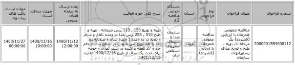 مناقصه عمومی همزمان با ارزیابی (فشرده) یک مرحله ای تهیه ، طبخ و توزیع عذای رستورانهای سازمان