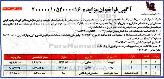 مزایده، مزایده واگذاری تعدادی قطعه ... 