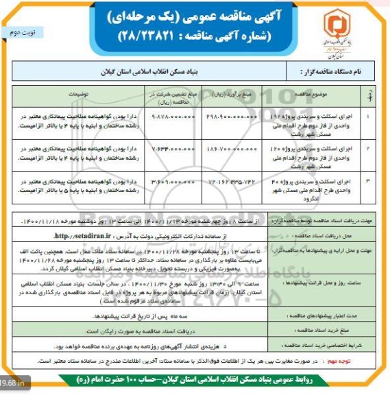 مناقصه، مناقصه اجرای اسکلت و سربندی پروژه 192 واحدی  ..- نوبت دوم 