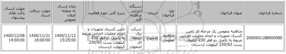 مناقصه عمومی یک مرحله ای تامین کسری تجهیزات و انجام عملیات اجرایی مربوط به تکمیل دو قطر 230 کیلوولت پست 230/63 کیلوولت اردستان