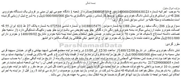 مزایده فروش خودرو سواری پژو 206 رنگ سفید روغنی مدل 1388