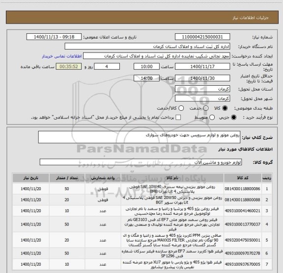 استعلام روغن موتور و لوازم سرویس جهت خودروهای سواری 