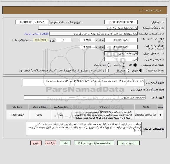 استعلام کابل خودنگهدار سه فاز فشار ضعیف 6 رشته 25+25+70+70*3(کد کالا مشابه میباشد)