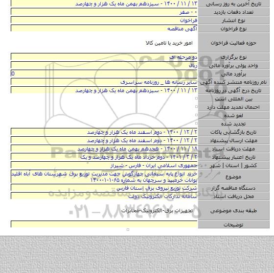 خرید انواع پایه سیمانی چهارگوش جهت مدیریت توزیع برق شهرستان های آباه اقلید بوانات خرمبید و سرچهان به شماره ۶۵-۱-۱-۱۴۰۰