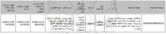 مناقصه عمومی دو مرحله ای تهیه و نصب کوبیکل و اجرای فیدر 20 کیلوولت پشتیبان بیمارستان فاطمه الزهرا (س) نجف اباد مطابق اسناد و شرایط پیوست