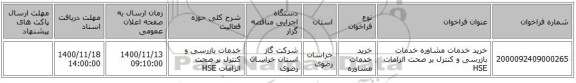 خرید خدمات مشاوره خدمات بازرسی و کنترل  بر  صحت الزامات HSE